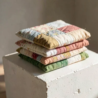 Sculptural mineralcut closeup of a stack of folded quilt squares on chalky white