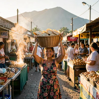 Pupusería golden hour in El Salvador, A woman carrying a basket of pupusas on he