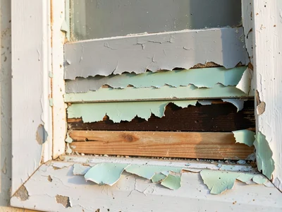Window frame paint history: chalky white exterior peeling to reveal institutiona