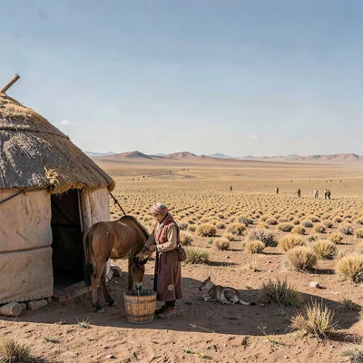 Gobi steppe horizontal, Mongolian vastness, Nomad woman milking mare outside ger
