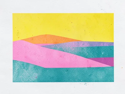 Abstract risograph landscape, three flat color layers — yellow sky, pink hills, 