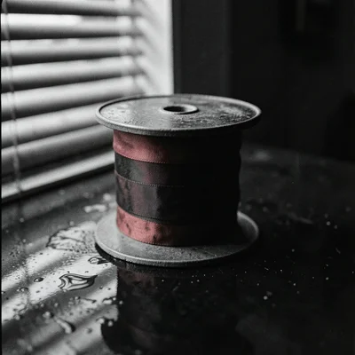 Typewriter ribbon spool with faded red and black silk ribbon wound tight