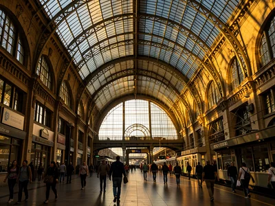 Grand central railway station interior with arched glass ceiling, travelers belo