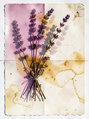 Lavender sprigs bundled and pressed, oil staining paper creating unique color re