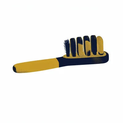 abstract halftone-banded silhouette of a brushing-toothbrush profile in mustard