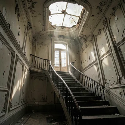 Buenos Aires faded grandeur, belle époque decay, Light falling through a broken 