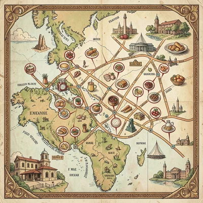 Illustrated map illustration, Food tour map with restaurant icons , pictorial ca