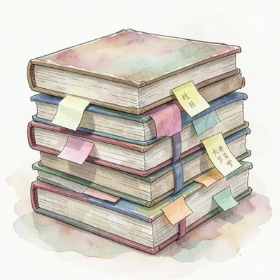 Stack of well-worn textbooks with colorful tabs and sticky notes protruding