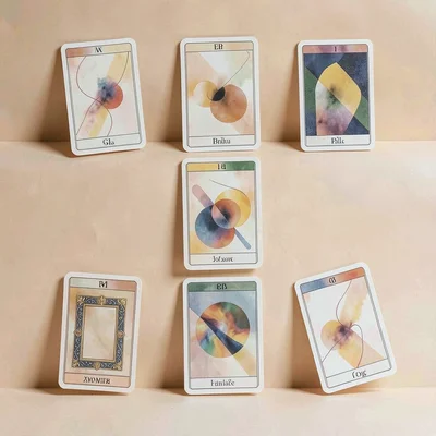A 4x2 grid of abstract tarot-card backs on a soft warm backdrop, backs slightly 