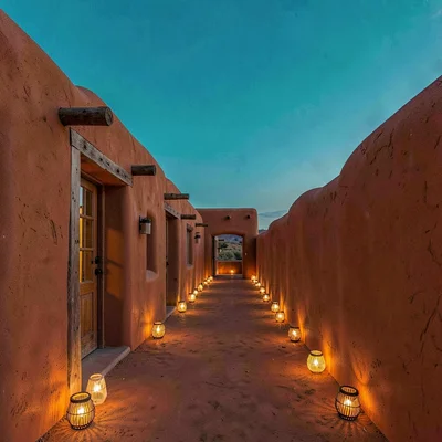 Santa Fe adobe warmth, high desert light clarity, Handmade luminarias lining an 
