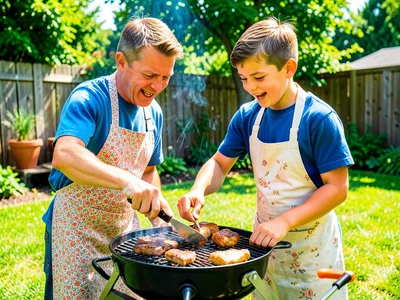 Dad teaching child how to grill, both wearing aprons, summer backyard