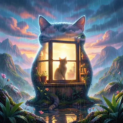 Cat silhouette filled with rainy window and warm interior light, double exposure