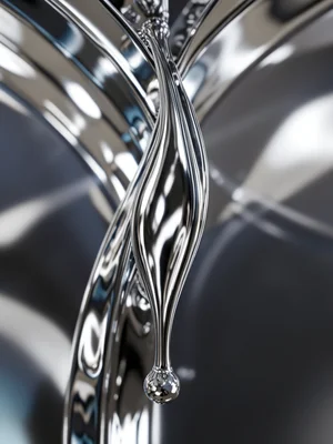 Chrome drip frozen mid-fall, elongated metallic teardrop stretching between surf