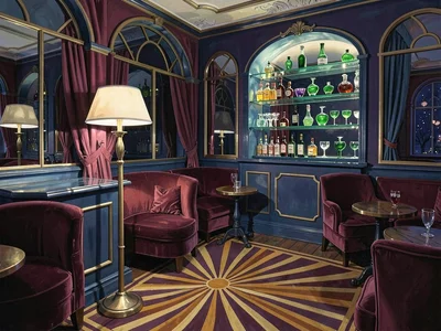 Etched-mirror art-deco cocktail lounge at late evening with one alabaster floor 