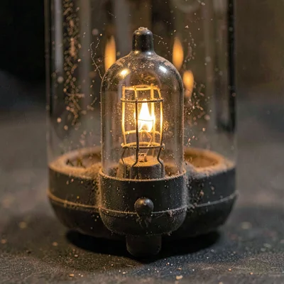 Detail of an oxidized vacuum tube glowing faintly amber, dust along the base