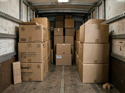 Moving truck interior stacked with boxes, Tetris of belongings