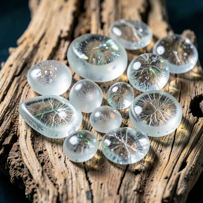 Sea glass collection on driftwood, frosted edges, ocean-tumbled smoothness