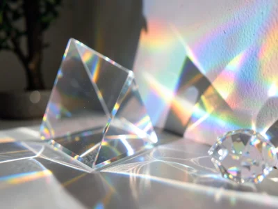 Light through crystal ornament casting rainbow spectrum on wall beside tree