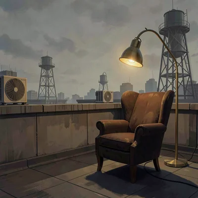 Ambient ig-teaser of a brass floor lamp glowing beside a wing-back chair, deep a