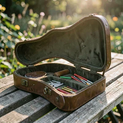 Atmospheric photo of a guitar case open on a wooden bench with picks and a capo 
