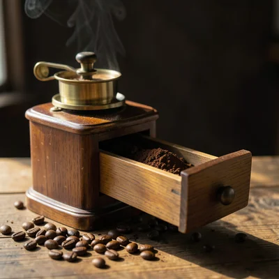 An old manual grinder, brass and wood, the drawer pulled out showing freshly gro