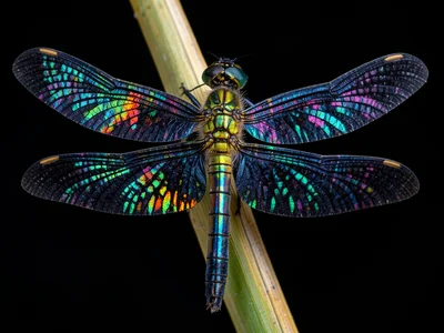 A dragonfly perched on a reed, its four wings spread flat, membrane venation and