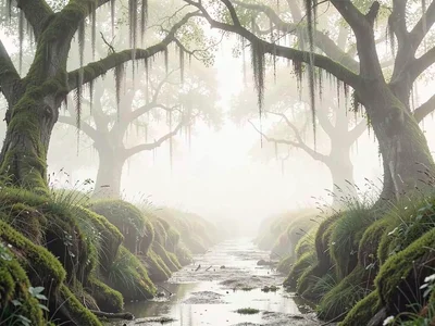 Sunken country lane between mossy banks, the canopy dripping, the lane curving i