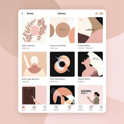 Flat UI app store screenshot of a library browse screen, grid of abstract album-