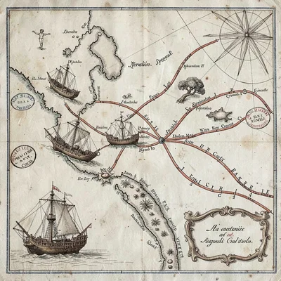 A Renaissance trade-route map across the imagined Mediterranean with merchant-ga