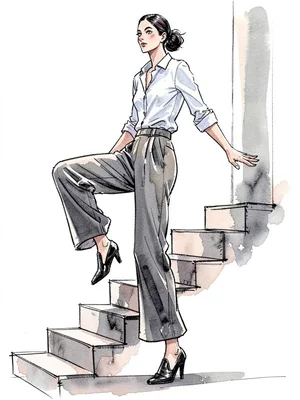 Figure ascending stairs palazzo pants