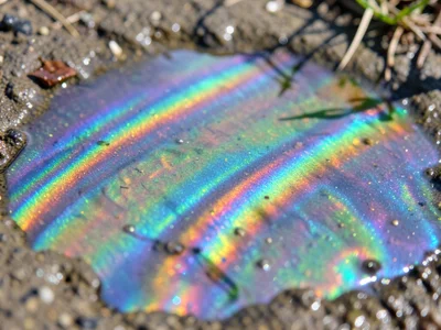 Oil film on spring puddle creating iridescent rainbow pattern