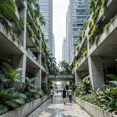 Singapore tropical modernism, green claiming grey, Sky garden walkway between to