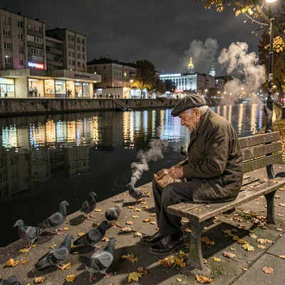 Belgrade brutalist night and Danube reflections, Elderly man with weathered face