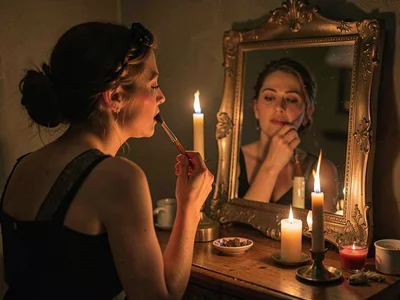 Person doing makeup by candle, the vanity ritual of another era, mirror reflecti