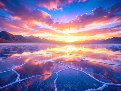 Vast salt flat reflecting a perfectly mirrored sky at golden hour