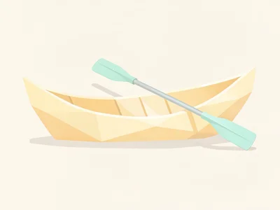 Slim butter-yellow lowpoly canoe with mint paddle resting across, faceted hull o