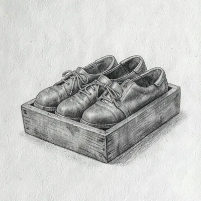 Charcoal study of a tray of foley shoes lined up, archival paper grain