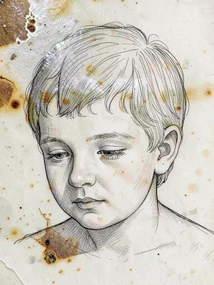 Young boy with downcast eyes