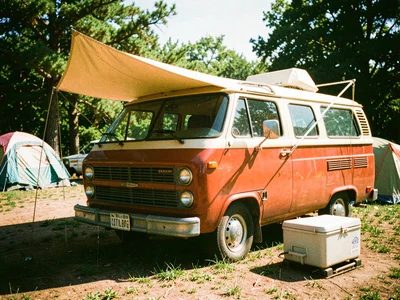 Camper van at campsite, awning extended, Coleman cooler, authentic 1970s recreat