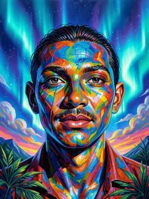Face formed from aurora borealis lights, ethereal, northern sky background