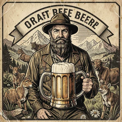 Craft beer label illustration, Bearded mountain man with beer stein , brewery la