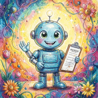 whimsical character of a friendly robot mascot with a clipboard