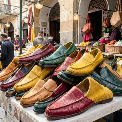 Through the Fes tannery eye, leather and dye craft, Leather babouche slippers pi