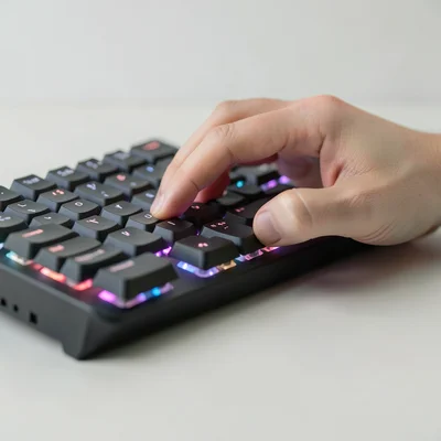 Close-up of fingers typing on a mechanical keyboard with RGB backlighting