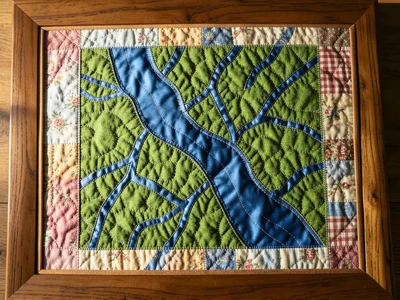A river delta where the waterways are blue silk ribbon appliquéd onto green cott