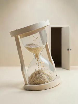 A hand-cut paper hourglass tilted slightly off-center on a soft beige stage, pap