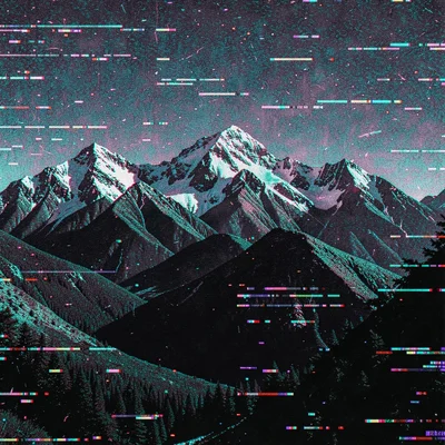 Glitch art illustration, mountain landscape datamoshed , digital corruption arti