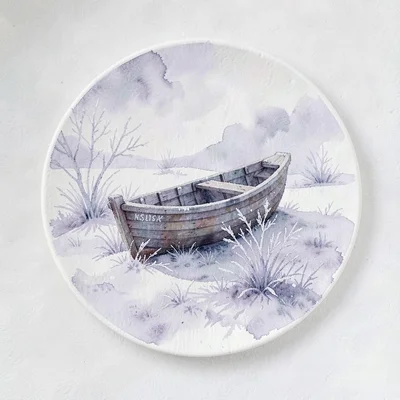 Cold lookbook plate of a small wooden dinghy half-buried in dune frost, painterl