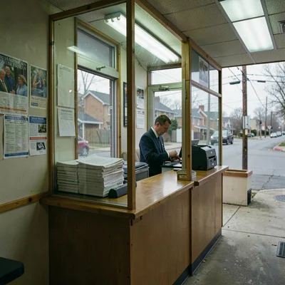 Quiet small town photography, contemplative scene, A post office interior, glass
