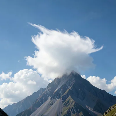 Orographic cloud forming at a mountain peak — wispy cap clinging to the summit w